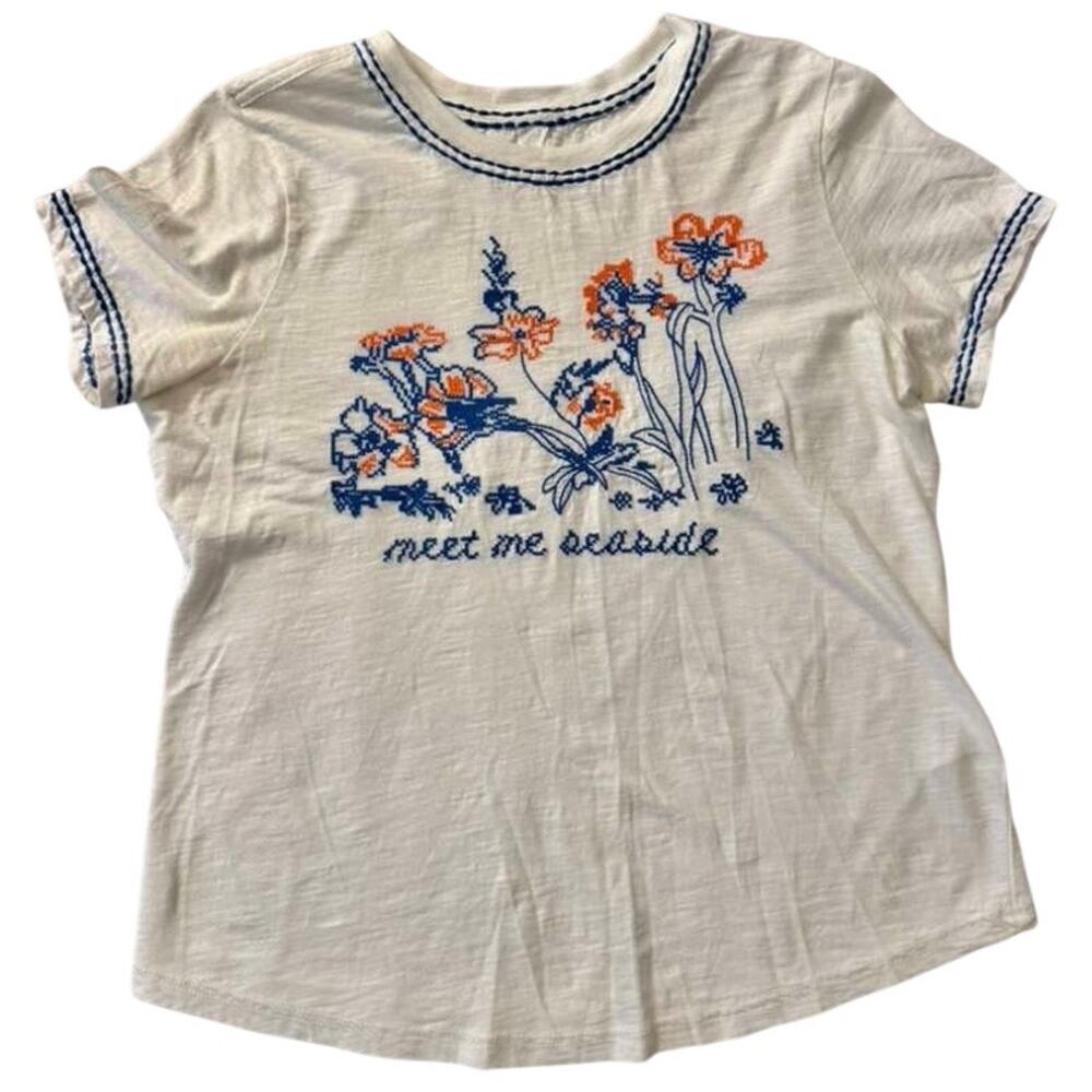Pilcro Anthropologie The Bennie Slim Crew Neck Cotton-Slub Embroidered Tee Top S - Picture 3 of 9